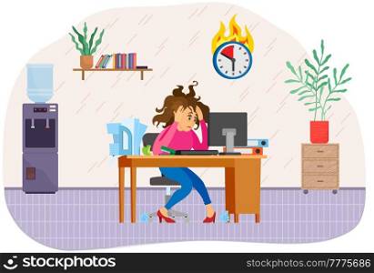Stressed business lady works at computer in office to finish work before deadline. Female character trying to complete task in time. Working in office and implementation of assign tasks concept. Stressed lady works at computer in office to finish task before deadline. Completing assignments