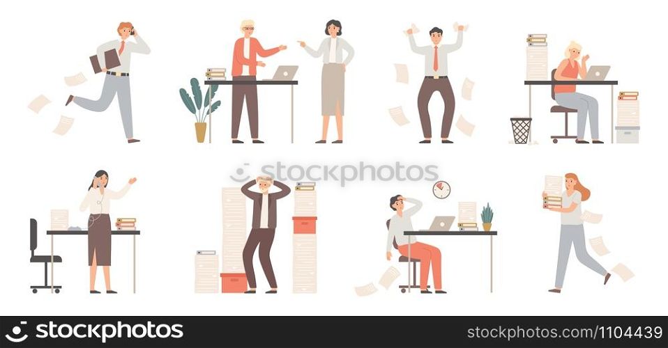 Stressed business people. Busy office workers, angry boss in panic and work chaos. Failure deadline stress, stressed job and tired confusing businessman worker. Isolated vector illustration icons set. Stressed business people. Busy office workers, angry boss in panic and work chaos. Failure deadline stress vector illustration set