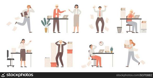 Stressed business people. Busy office workers, angry boss in panic and work chaos. Failure deadline stress, stressed job and tired confusing businessman worker. Isolated vector illustration icons set. Stressed business people. Busy office workers, angry boss in panic and work chaos. Failure deadline stress vector illustration set