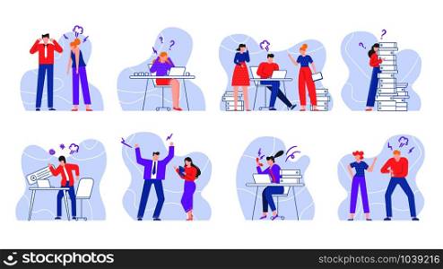 Stressed business people. Yelling and screaming office workers, swearing characters in office environment vector illustration set. Conflicts and disputes at workplace isolated on white background. Stressed business people. Yelling and screaming office workers, swearing characters in office environment vector illustration set. Conflicts at workplace, disputes and quarrel at job