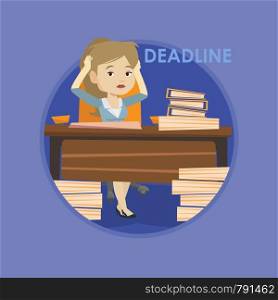 Stressed business woman sitting at workplace and clutching head because of missed deadline. Woman having problem with deadline. Vector flat design illustration in the circle isolated on background.. Business woman having problem with deadline.