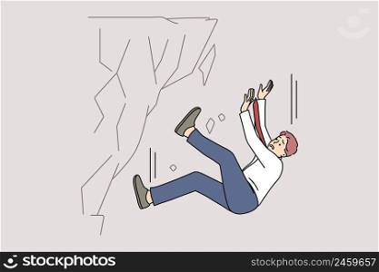 Stressed businessman fall down from rock suffer from work failure or crisis. Unhappy male employee have professional or job fiasco struggle breakdown. Flat vector illustration. . Stressed businessman fall down from rock