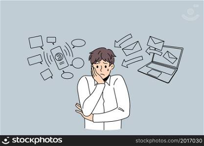 Stressed businessman feel anxious with phone and computer notifications. Unhappy worried man employee or worker distressed frustrated with workload online. Overwork concept. Vector illustration. . Worried man employee stressed with online notifications