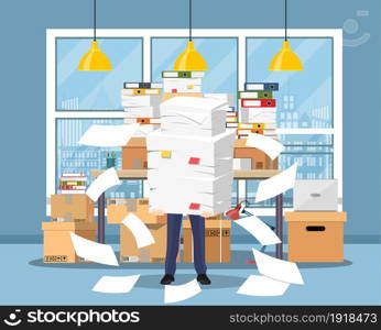 Stressed businessman holds pile of office papers and documents. Office documents heap. Routine, bureaucracy, big data, paperwork, office. Vector illustration in flat style. Stressed businessman holds pile papers