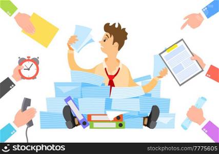 Stressed businessman in pile of office papers and documents trying to finish work on time. Male employee is working with documents to deal with deadlines. Man surrounded by hands with office equipment. Stressed businessman in pile of documents. Man with office equipment trying to deal with deadlines