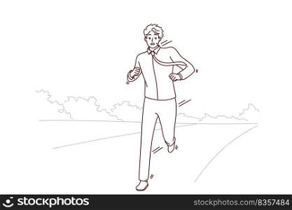Stressed businessman running on road worried about meeting deadline. Anxious man feel in rush hurry or being late. Vector illustration.. Stressed businessman running on road