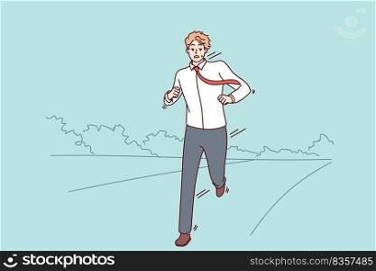 Stressed businessman running on road worried about meeting deadline. Anxious man feel in rush hurry or being late. Vector illustration.. Stressed businessman running on road