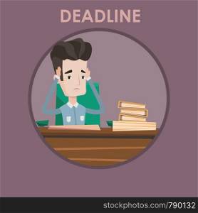 Stressed businessman sitting at the table with papers. Overworked businessman having problem with deadline. Deadline concept. Vector flat design illustration in the circle isolated on background.. Businessman having problem with deadline.