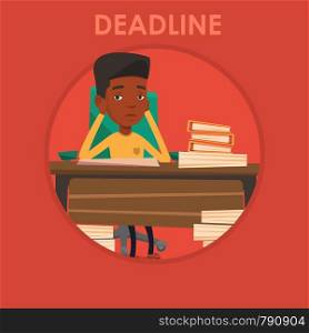 Stressed businessman sitting at the table with papers. Overworked businessman having problem with deadline. Deadline concept. Vector flat design illustration in the circle isolated on background.. Businessman having problem with deadline.