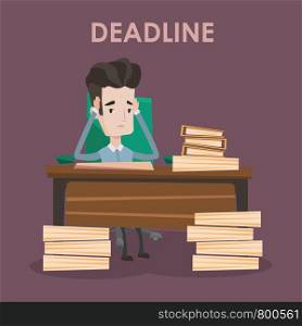 Stressed businessman sitting at the table with stacks of papers. Overworked businessman clutching his head. Businessman having problem with deadline. Vector flat design illustration. Square layout.. Businessman having problem with deadline.