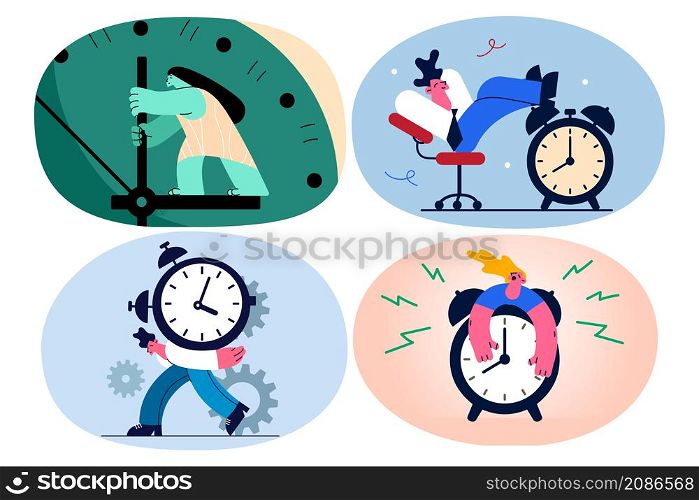 Stressed businesspeople exhausted with office job struggle with emotional work burnout. Tired employees suffer from fatigue or exhaustion. Overwork and time management. Vector illustration. Set.. Set of tired employees exhausted have emotional burnout