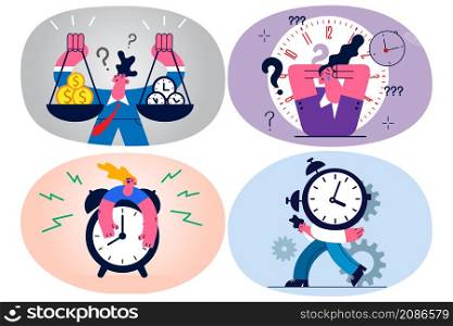 Stressed businesspeople overwhelmed with workload unable to meet deadline. Exhausted employees workers distressed with job suffer from fatigue. Overwork concept. Flat vector illustration. Set.. Set of tired businesspeople feel overwhelmed with workload