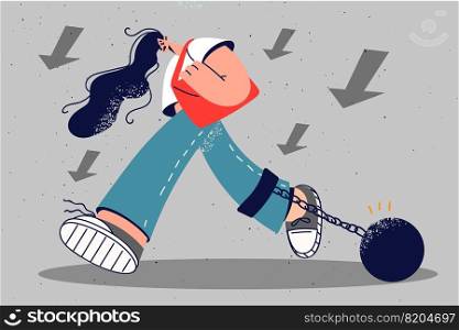 Stressed businesswoman going for work with burden on leg. Unhappy female employee or worker suffer from hatred job and daily duties. Vector illustration.. Stressed woman going with burden on leg
