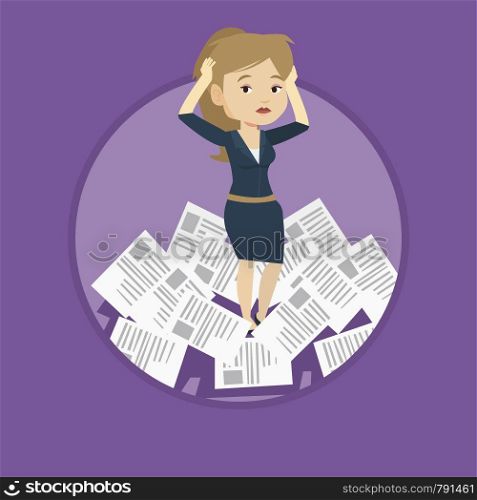 Stressed businesswoman having a lot of paperwork. Businesswoman surrounded by lots of papers. Woman standing in the heap of papers. Vector flat design illustration in the circle isolated on background. Stressed business woman having lots of work to do.