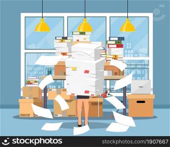 Stressed businesswoman holds pile of office papers and documents. Office documents heap. Routine, bureaucracy, big data, paperwork, office. Vector illustration in flat style. Stressed businesswoman holds pile papers