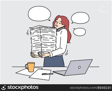 Stressed businesswoman with stacks of paperwork overwhelmed with job in office. Tired female employee with documents piles feeling fatigue. Workload. Vector illustration. . Businesswoman with paperwork stacks overwhelmed with work 
