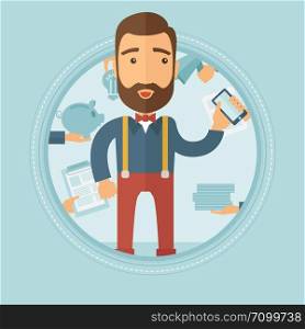 Stressed busy hipster businessman with the beard surrounded by many hands that give him a lot of work. Concept of hard working. Vector flat design illustration in the circle isolated on background.. Employee having lots of work to do.