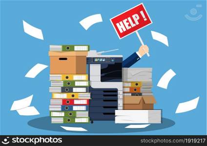 Stressed cartoon businessman in pile of office papers and documents with help sign. Stress at work. Overworked. File folders. Office multifunction machine. Vector illustration in flat style. Stressed cartoon businessman in pile papers