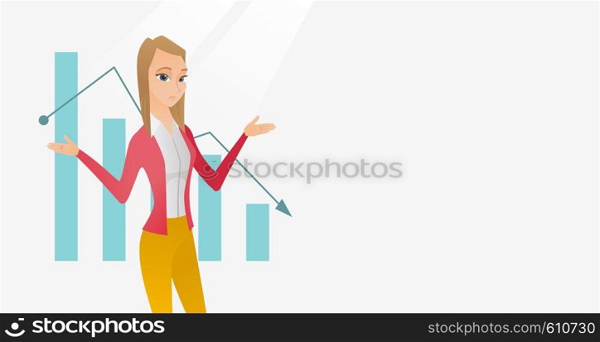 Stressed caucasian bancrupt standing on the background of decreasing chart. Bancrupt business woman with spread arms. Business bankruptcy concept. Vector flat design illustration. Horizontal layout.. Bancrupt business woman vector illustration.