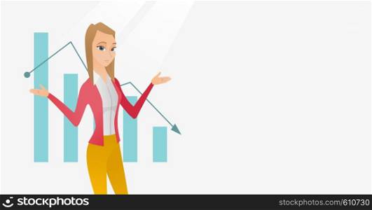 Stressed caucasian bancrupt standing on the background of decreasing chart. Bancrupt business woman with spread arms. Business bankruptcy concept. Vector flat design illustration. Horizontal layout.. Bancrupt business woman vector illustration.
