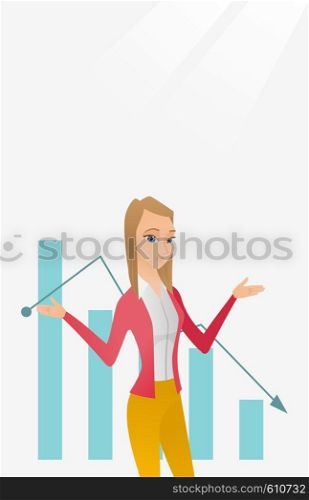 Stressed caucasian bancrupt standing on the background of decreasing chart. Young bancrupt business woman with spread arms. Business bankruptcy concept.Vector flat design illustration. Vertical layout. Bancrupt business woman vector illustration.