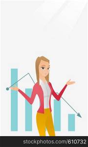 Stressed caucasian bancrupt standing on the background of decreasing chart. Young bancrupt business woman with spread arms. Business bankruptcy concept.Vector flat design illustration. Vertical layout. Bancrupt business woman vector illustration.