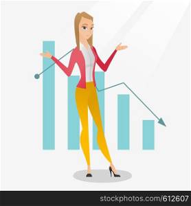 Stressed caucasian bancrupt standing on the background of decreasing chart. Young bancrupt business woman with spread arms. Business bankruptcy concept.Vector flat design illustration. Square layout.. Bancrupt business woman vector illustration.
