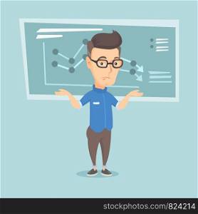 Stressed caucasian bankrupt standing on the background of decreasing chart. Young bankrupt business man with spread arms. Business bankruptcy concept. Vector flat design illustration. Square layout.. Bankrupt business man vector illustration.