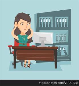Stressed caucasian office worker clasping her head. Overworked office worker feeling stress from work. Young stressful office worker sitting at workplace. Vector cartoon illustration. Square layout.. Tired caucasian office worker clasping her head.
