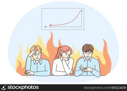Stressed colleagues sit at desk thinking of company financial crisis. Employees worried about bad results in business. Financial loss concept. Vector illustration. . Stressed employees worried about business failure