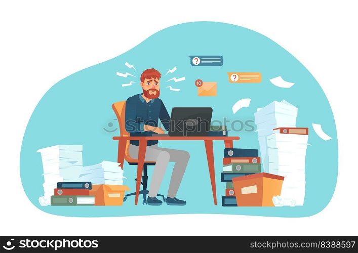 Stressed employees working at office overtime concept. Vector employee works overtime, job stress for worker, illustration of business deadline. Stressed employees working at office overtime concept