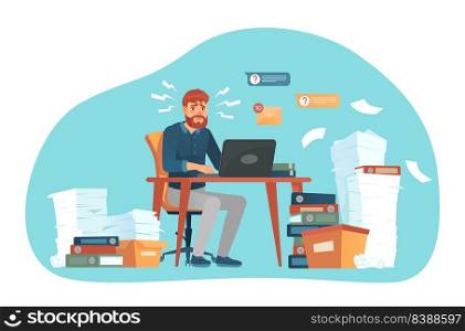 Stressed employees working at office overtime concept. Vector employee works overtime, job stress for worker, illustration of business deadline. Stressed employees working at office overtime concept