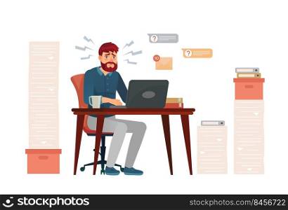 Stressed employees working overtime. Man sitting at seek with laptop, receiving mails and notifications. Unhappy male characters overloaded with documents and tasks at office vector. 2205 S ST Stressed employees working overtime