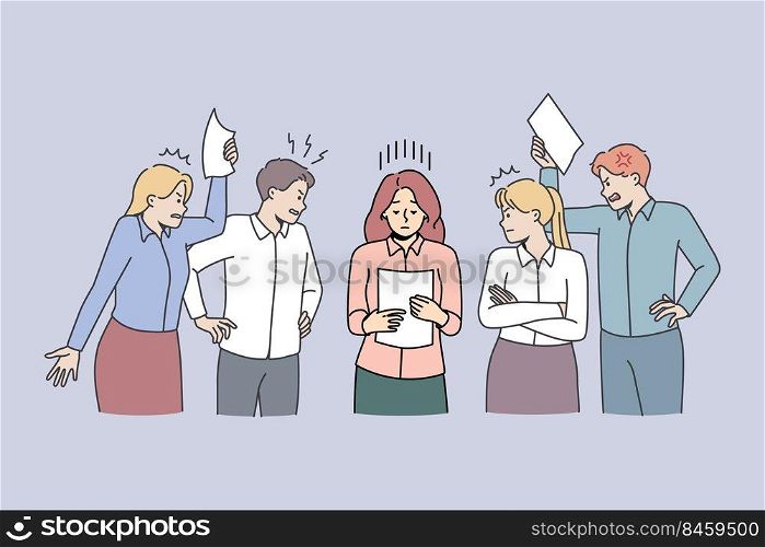 Stressed exhausted businesswoman among unhappy demanding colleagues in office. Woman employee feel overworked annoyed with coworkers. Burnout concept. Vector illustration.. Stressed businesswoman surrounded by demanding colleagues
