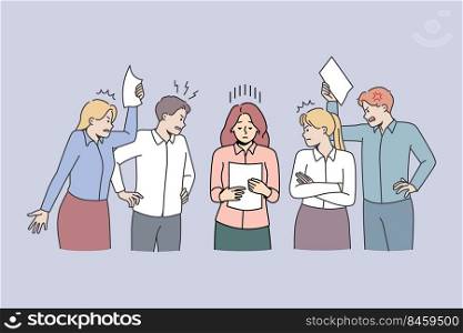 Stressed exhausted businesswoman among unhappy demanding colleagues in office. Woman employee feel overworked annoyed with coworkers. Burnout concept. Vector illustration.. Stressed businesswoman surrounded by demanding colleagues