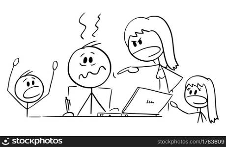 Stressed father working in stress at home office, wife and children are yelling, vector cartoon stick figure or character illustration.. Stressed Father Working at Home Office, Children and Wife Are Yelling, Vector Cartoon Stick Figure Illustration