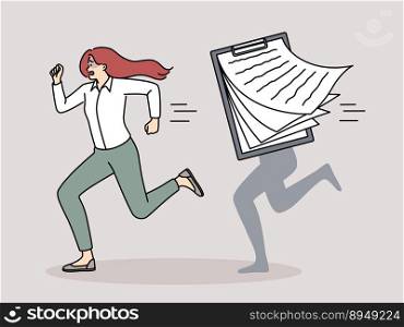 Stressed female employee running from office paperwork. Unhappy businesswoman rushing from documents overwhelmed with job. Workload. Vector illustration. . Stressed woman worker run from paperwork 