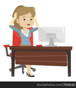 Stressed female office worker. Business woman feeling stress from work. Stressful employee sitting at workplace. Stress at work concept. Vector flat design illustration isolated on white background.. Tired employee working in office.