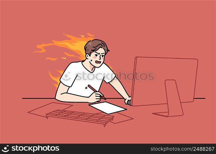 Stressed guy sit at desk work on computer try meet burning deadline. Distressed man hurry working in rush on PC finishing project. Overload and job burnout. Flat vector illustration. . Stressed man work on computer with burning deadline 