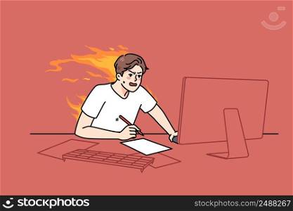 Stressed guy sit at desk work on computer try meet burning deadline. Distressed man hurry working in rush on PC finishing project. Overload and job burnout. Flat vector illustration. . Stressed man work on computer with burning deadline 