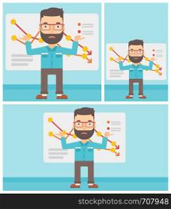 Stressed hipster businessman standing on the background of a board with decreasing chart. Concept of business bankruptcy. Vector flat design illustration. Square, horizontal, vertical layouts.. Businessman with decreasing chart.