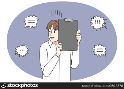 Stressed male employee frustrated by comments and messages from colleagues. Scared man worker confused distressed with work commentary. Vector illustration.. Stressed male employee frustrated with colleagues comments