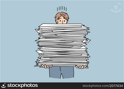 Stressed male employee with stack of paperwork overwhelmed with workload in company. Exhausted man worker tired with paper documents job. Bureaucracy, overwork. Vector illustration.. Stressed man with pile of paperwork material
