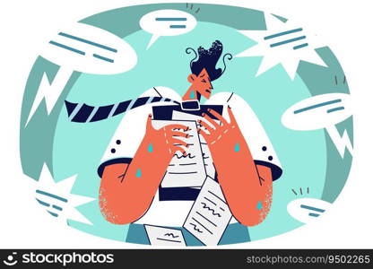 Stressed male employee worried with bad comments at work. Upset man crying feeling distressed with colleagues commentary and notices. Job stress concept. Vector illustration.. Stressed employee frustrated with colleagues comments