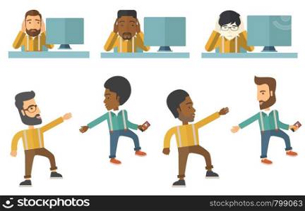 Stressed male office worker. Overworked businessman feeling stress from work. Stressful employee sitting at workplace. Stress at work concept. Set of vector illustrations isolated on white background.. Vector set of illustrations with business people.