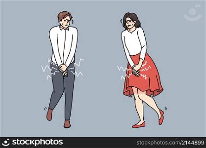 Stressed man and woman feel sick want pee. Anxious guy and girl with full bladder need toilet. Stress and desperation. Healthcare or health problem concept. Flat vector illustration. . Man and woman feel stressed want pee
