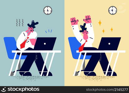 Stressed man employee work on computer anxious about deadline, happy worker finish on time on contrary. Male professional or clerk during and in end of working day. Flat vector illustration. . Stressed and happy man employee at work