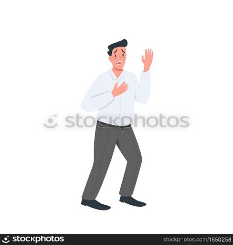 Stressed man flat color vector detailed character. Confused guy. Frustrated manager. Expression of fear. Anxiety from work. isolated cartoon illustration for web graphic design and animation. Stressed man flat color vector faceless character