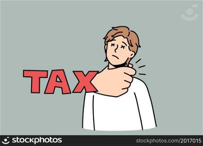 Stressed man get suppressed by tax payments suffer from financial burden. Unhappy anxious male have finance problems. Debt and bankruptcy concept. Banking issues. Vector illustration. . Stressed man have tax financial burden