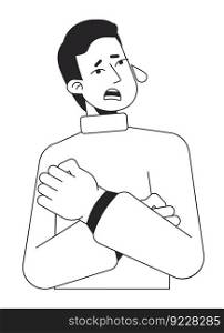 Stressed man hugging himself and crying flat line black white vector character. Editable isolated outline half body person. Simple cartoon style spot illustration for web graphic design, animation. Stressed man hugging himself and crying flat line black white vector character